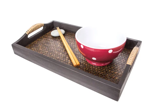 Chopstick, czerwony bowl i taca — Zdjęcie stockowe