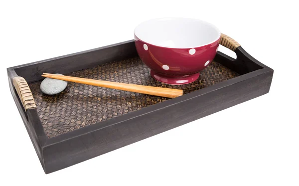 Chopstick, röd skål och bricka — Stockfoto