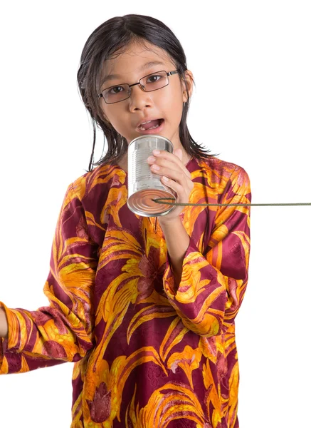 Young Girl With Tin Can Telephone — Stock Photo, Image