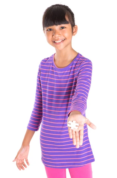 Young Girl With Jigsaw Puzzle Piece — Stock Photo, Image