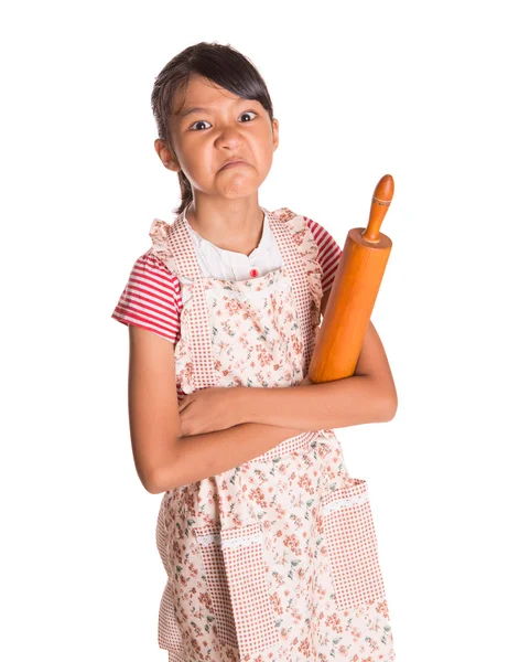 Fille avec rouleau à pâtisserie — Photo