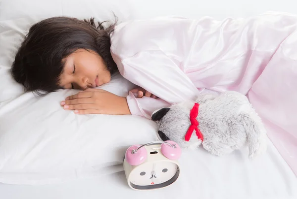 Young Girl Sleep With Alarm Clock — Stock Photo, Image