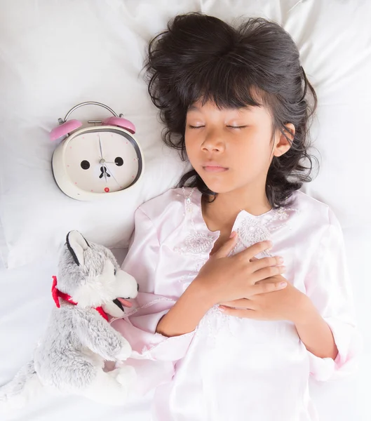Young Girl Sleep With Alarm Clock — Stock Photo, Image