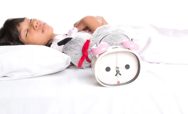 Young Girl Sleep With Alarm Clock — Stock Photo, Image