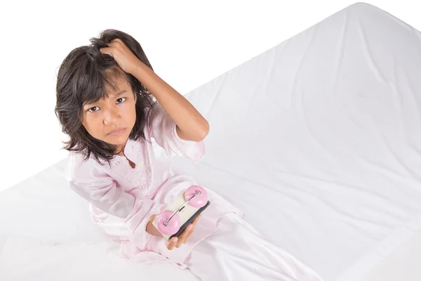 Girl Destroy Alarm Clock — Stock Photo, Image