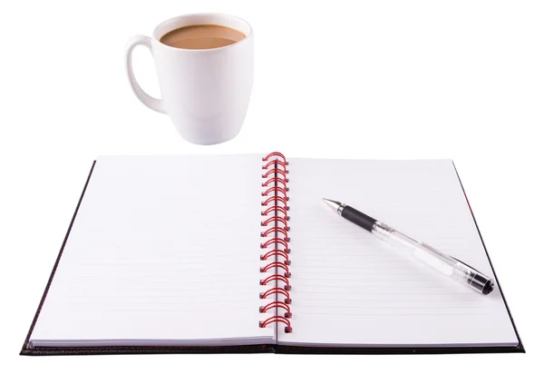 Notebook, kaffe och kulspetspenna — Stockfoto