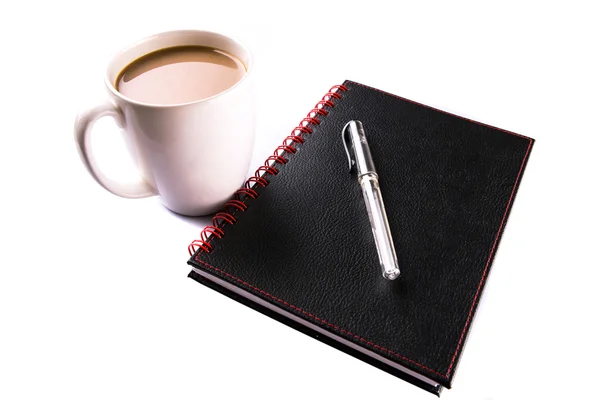 Defter, kahve ve tükenmez kalem — Stok fotoğraf