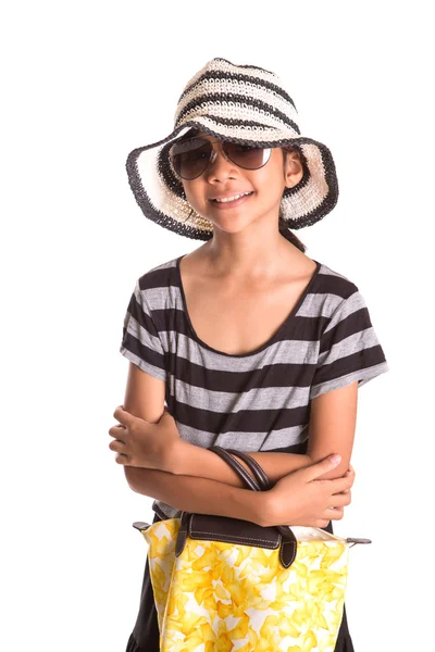 Chica joven con sombrero, gafas de sol y bolso —  Fotos de Stock