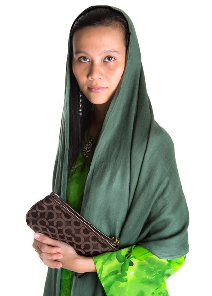 Mujer Musulmana Con Pañuelo Cabeza Bolso Sobre Fondo Blanco — Foto de Stock