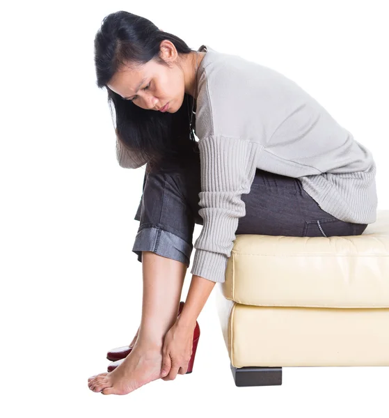 Asian Female Rubbing Hurt Heel — Stock Photo, Image