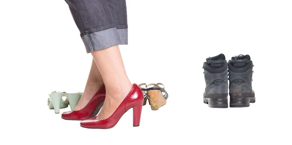 Woman Legs With Red Heels And Old Shoes — Stock Photo, Image