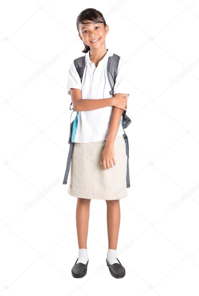 Girl In School Uniform And Backpack
