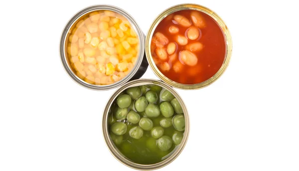 烤的豆 青豆和甜玉米在锡罐 — 图库照片