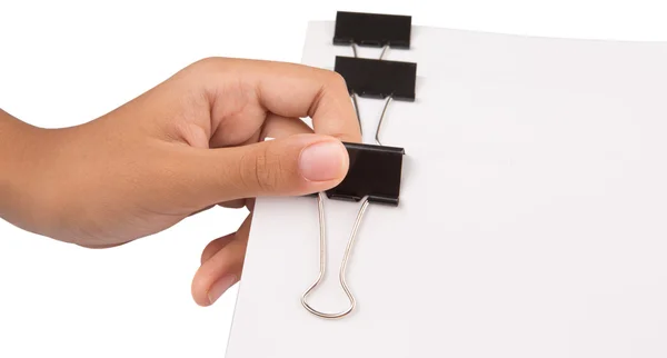 Kezében fehér könyv binder clips — Stock Fotó