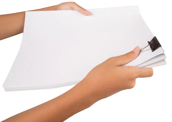 Hand holding white paper with binder clips — Stock Photo, Image