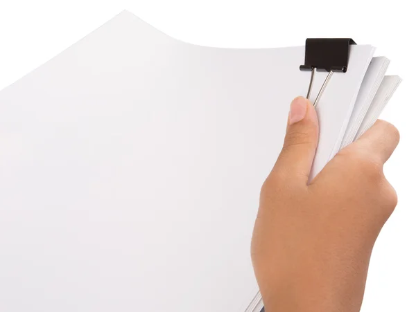 Käsi tilalla valkoinen paperi sideaine leikkeet — kuvapankkivalokuva