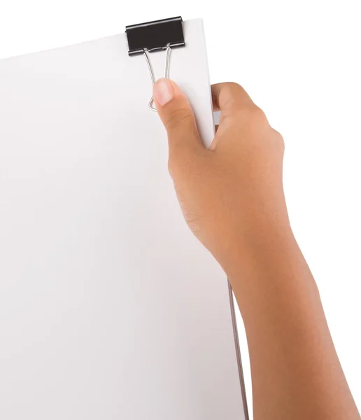 Ruka držící dokument white paper s pojivem klipy — Stock fotografie