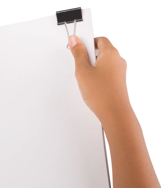 Hand holding white paper with binder clips — Stock Photo, Image