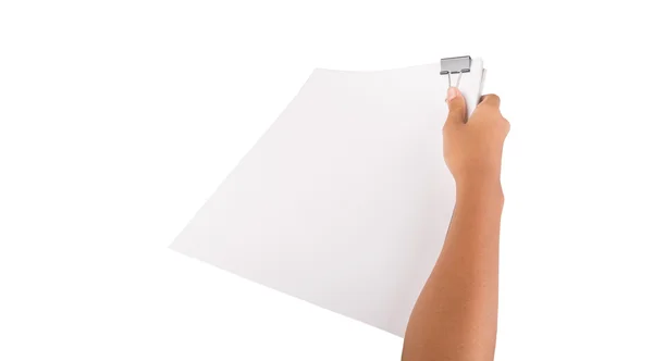 Hand holding white paper with binder clips — Stock Photo, Image