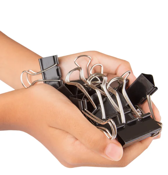 Female hand holding binder clips — Stock Photo, Image