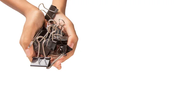 Female hand holding binder clips — Stock Photo, Image