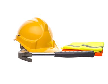 baret, çekiç ve reflektif yelek