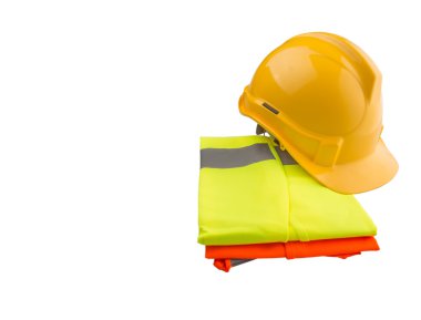 kask ve turuncu sarı ve beyaz zemin üzerine sarı reflektif yelek