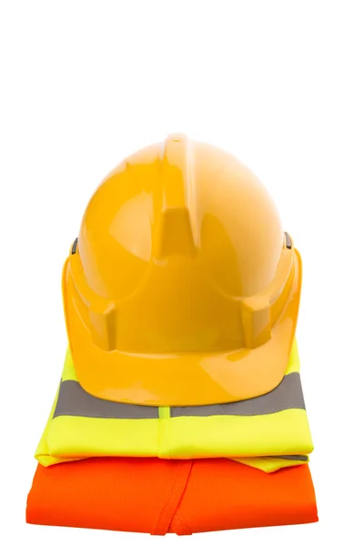 Yellow Hard Hat Orange Yellow Reflective Vest White Background — Stock Photo, Image