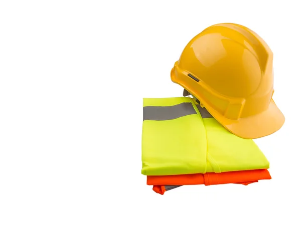 Yellow Hard Hat Orange Yellow Reflective Vest White Background — Stock Photo, Image