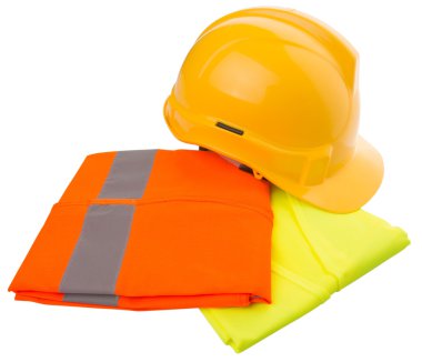 Sarı kask ve turuncu ve sarı reflektif yelek