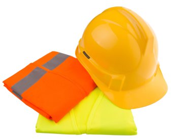 kask ve turuncu sarı ve beyaz zemin üzerine sarı reflektif yelek