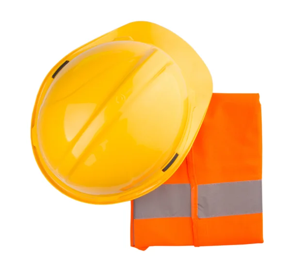 Sombrero duro amarillo y chaleco reflectante naranja —  Fotos de Stock