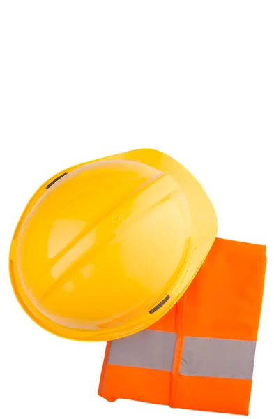 Yellow Hard Hat Orange Reflective Vest White Background — Stock Photo, Image