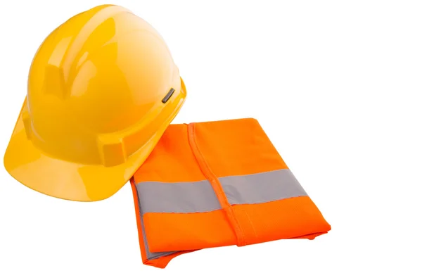 Yellow Hard Hat Orange Reflective Vest White Background — Stock Photo, Image