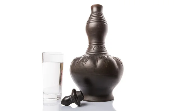 Black Clay Water Pitcher With A Glass Of Water — Stock Photo, Image