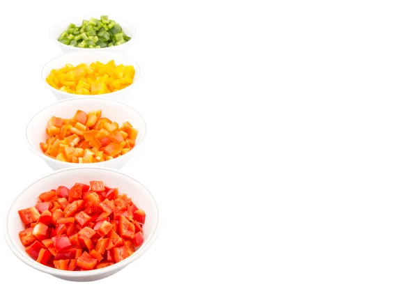 Colorful Chopped Capsicums In White Bowls — Stock Photo, Image