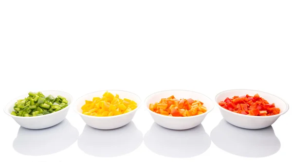 Colorful Chopped Capsicums White Bowls White Background — Stock Photo, Image