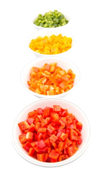 Colorful Chopped Capsicums In White Bowls — Stock Photo, Image