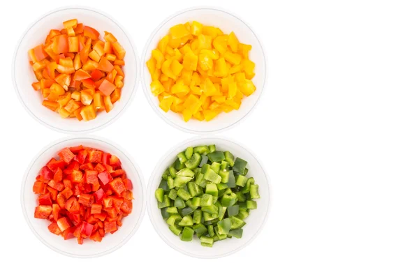 Colorful Chopped Capsicums White Bowls White Background — Stock Photo, Image