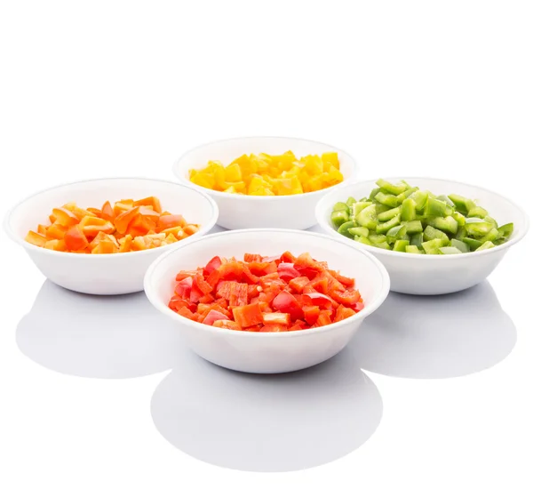 Colorful Chopped Capsicums In White Bowls — Stock Photo, Image