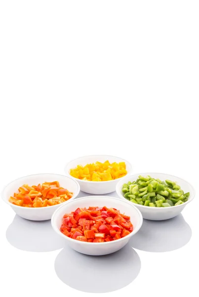 Colorful Chopped Capsicums In White Bowls — Stock Photo, Image