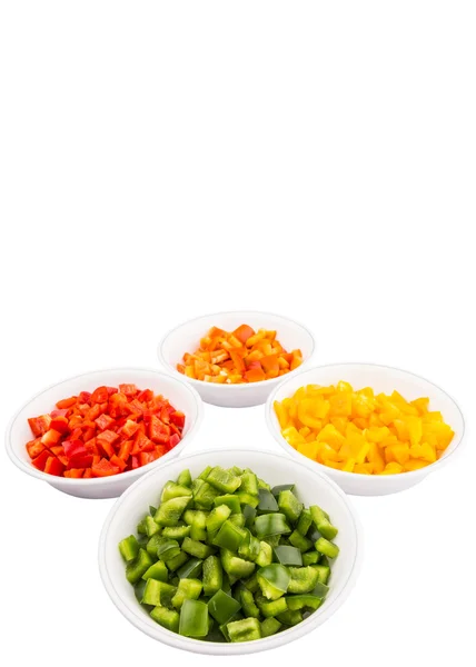 Colorful Chopped Capsicums In White Bowls — Stock Photo, Image