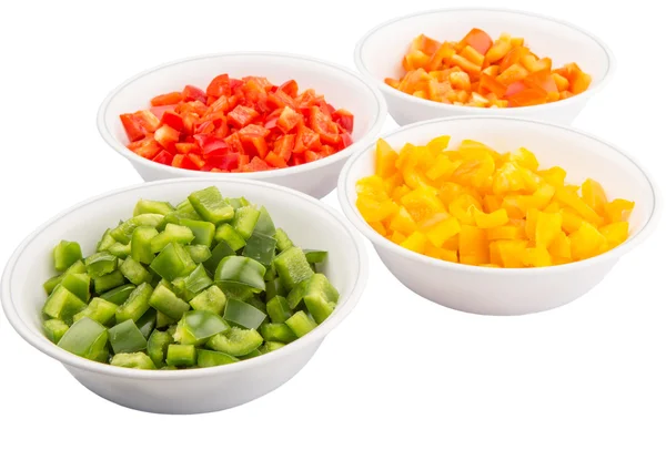 Colorful Chopped Capsicums In White Bowls — Stock Photo, Image