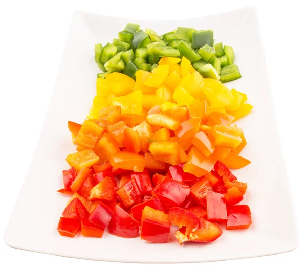 Colorful Chopped Capsicums Plate White Background — Stock Photo, Image