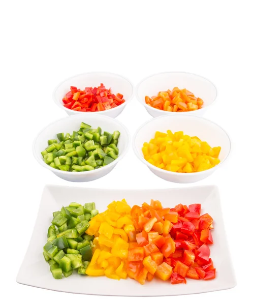 Colorful Chopped Capsicums Plate Bowls White Background — Stock Photo, Image