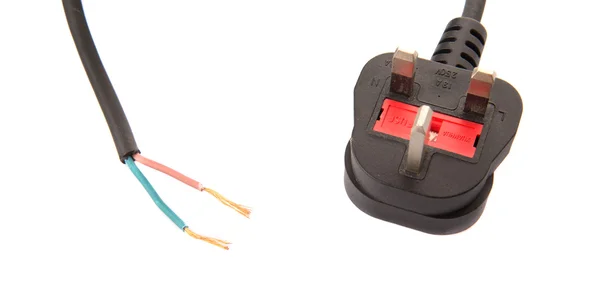 British Standard Three Pin AC Power Plugs And Exposed Electrical Wire — Stock Photo, Image