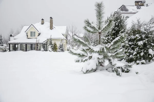 Una Casa Privada Jardín Bajo Nieve Una Zona Rural Invierno — Foto de Stock