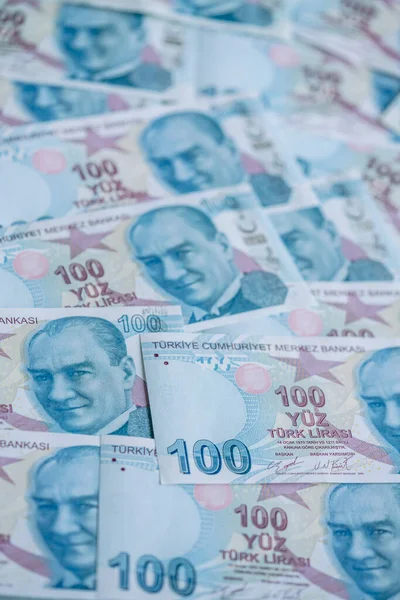 Turkish Lira Background Hundred Turkish Lira Banknotes Republic Turkey Currency — Stock Photo, Image