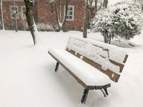 겨울에는 내리는 공원이나 정원에서 겨울에는 아래빈 의자를 씻는다 — 스톡 사진