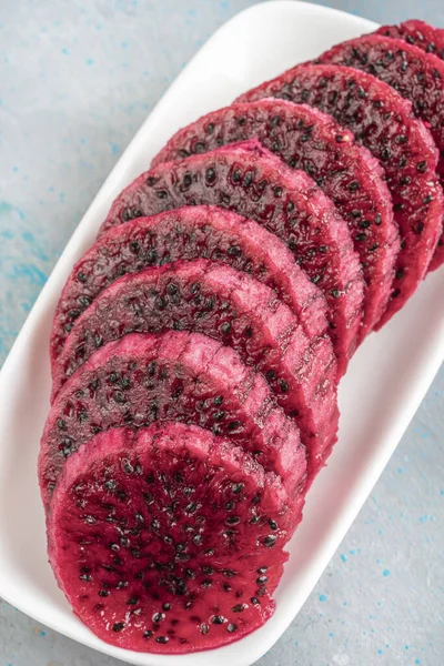 Dragon Fruit Closeup Top View Sliced Reddish Pink Dragon Fruit Stock Picture